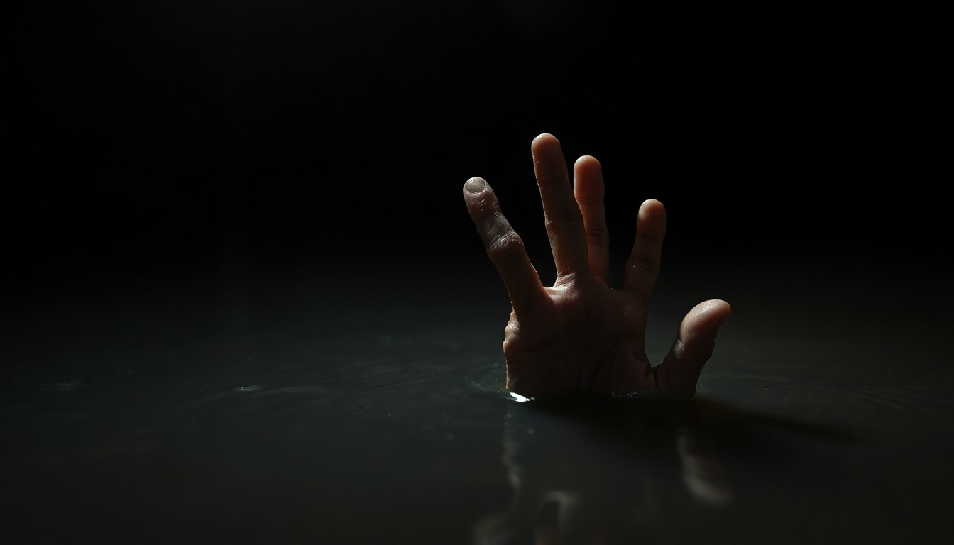 An extreme close-up photograph of a partially submerged, severely decomposed human hand emerging from murky creek water, conceptually illustrating the discovery of a body in a Livonia creek.