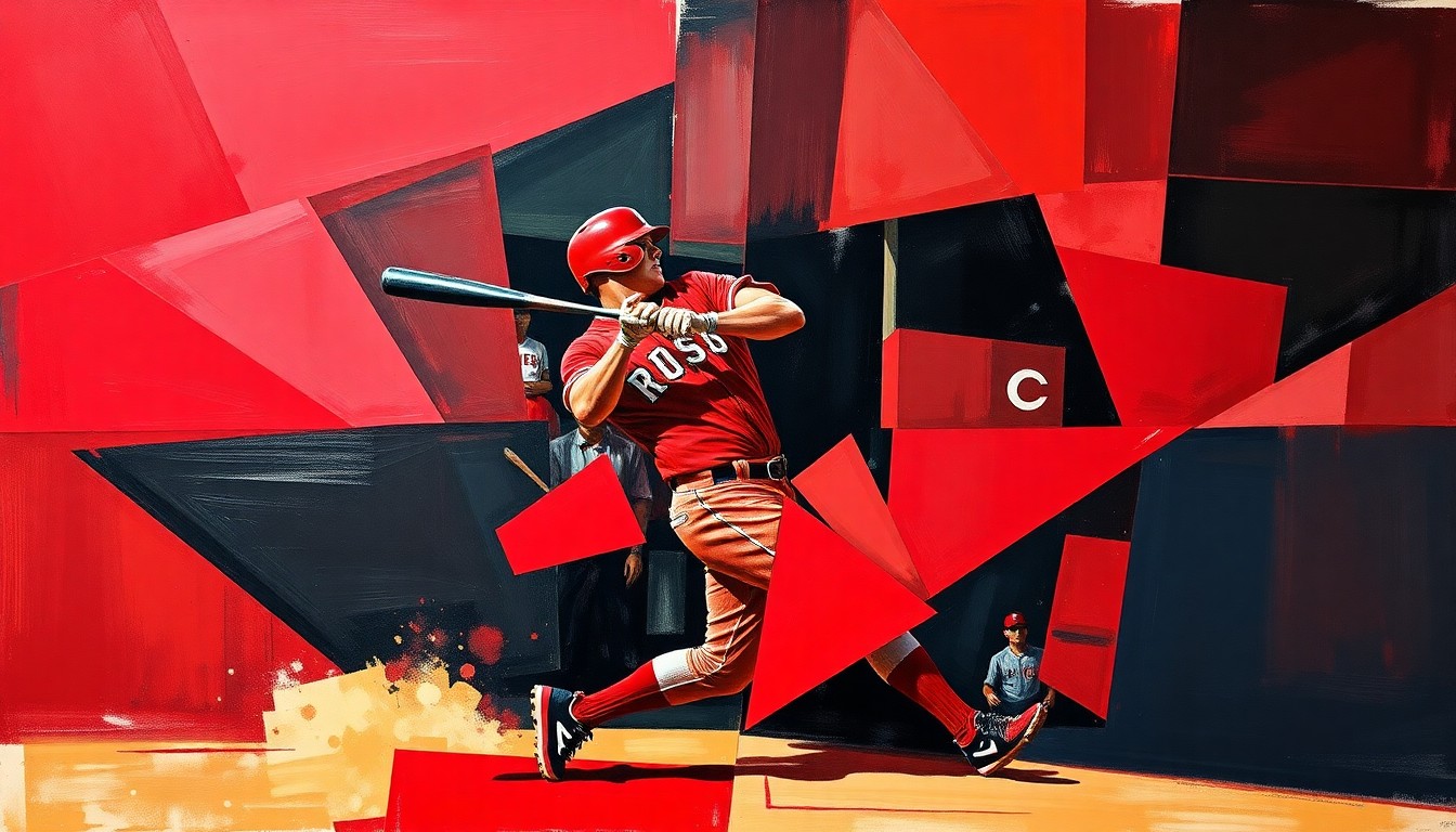 A cubist, geometric painting depicting the fractured, multi-angled motion of a baseball player's swing, conceptually representing the power and energy of Eugenio Suárez's home run for the Cincinnati Reds.