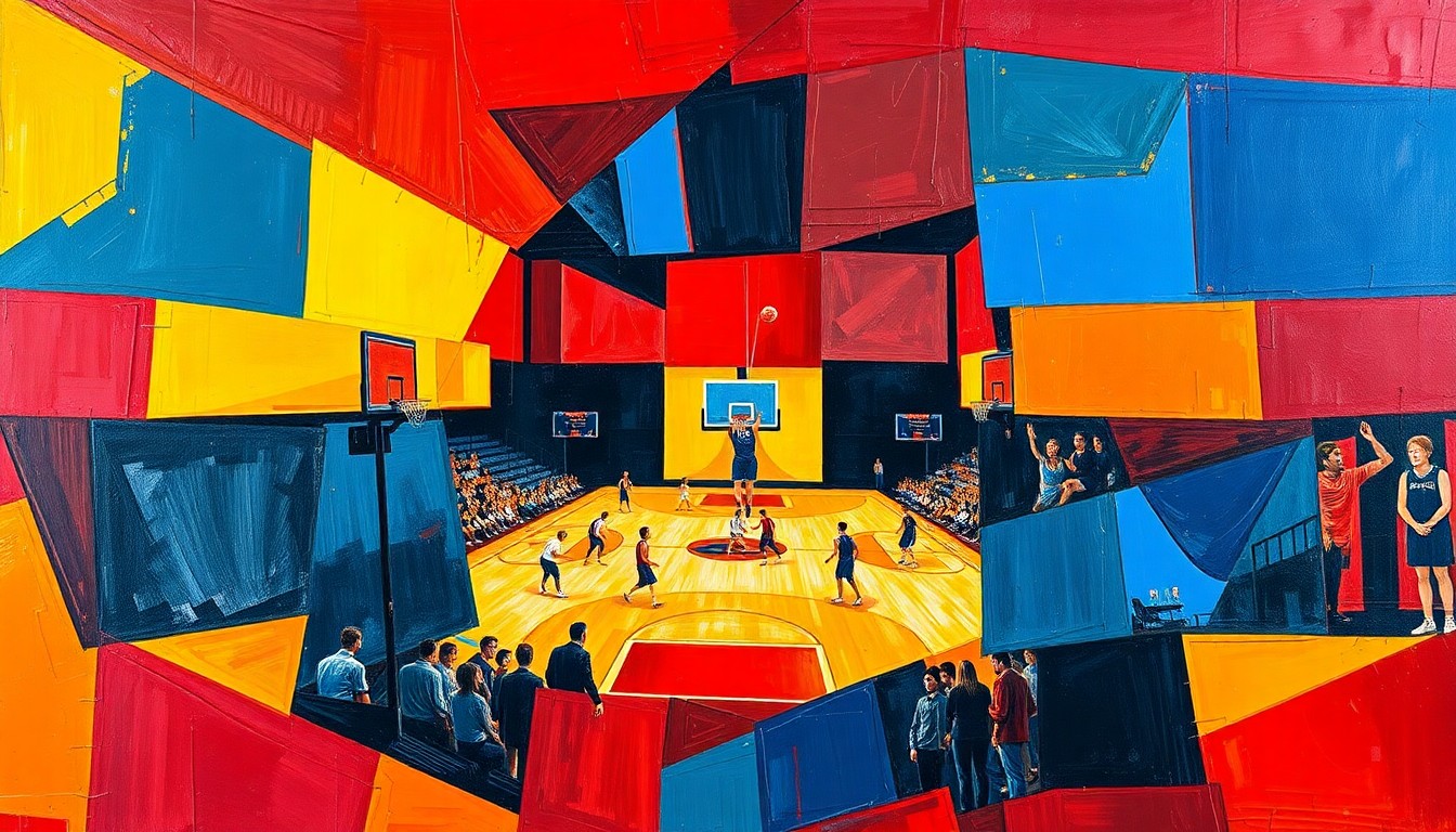 A fragmented, cubist-style painting depicting the dynamic motion and energy of a high school basketball game, with players and the court broken down into sharp, overlapping geometric shapes in a bold color palette.