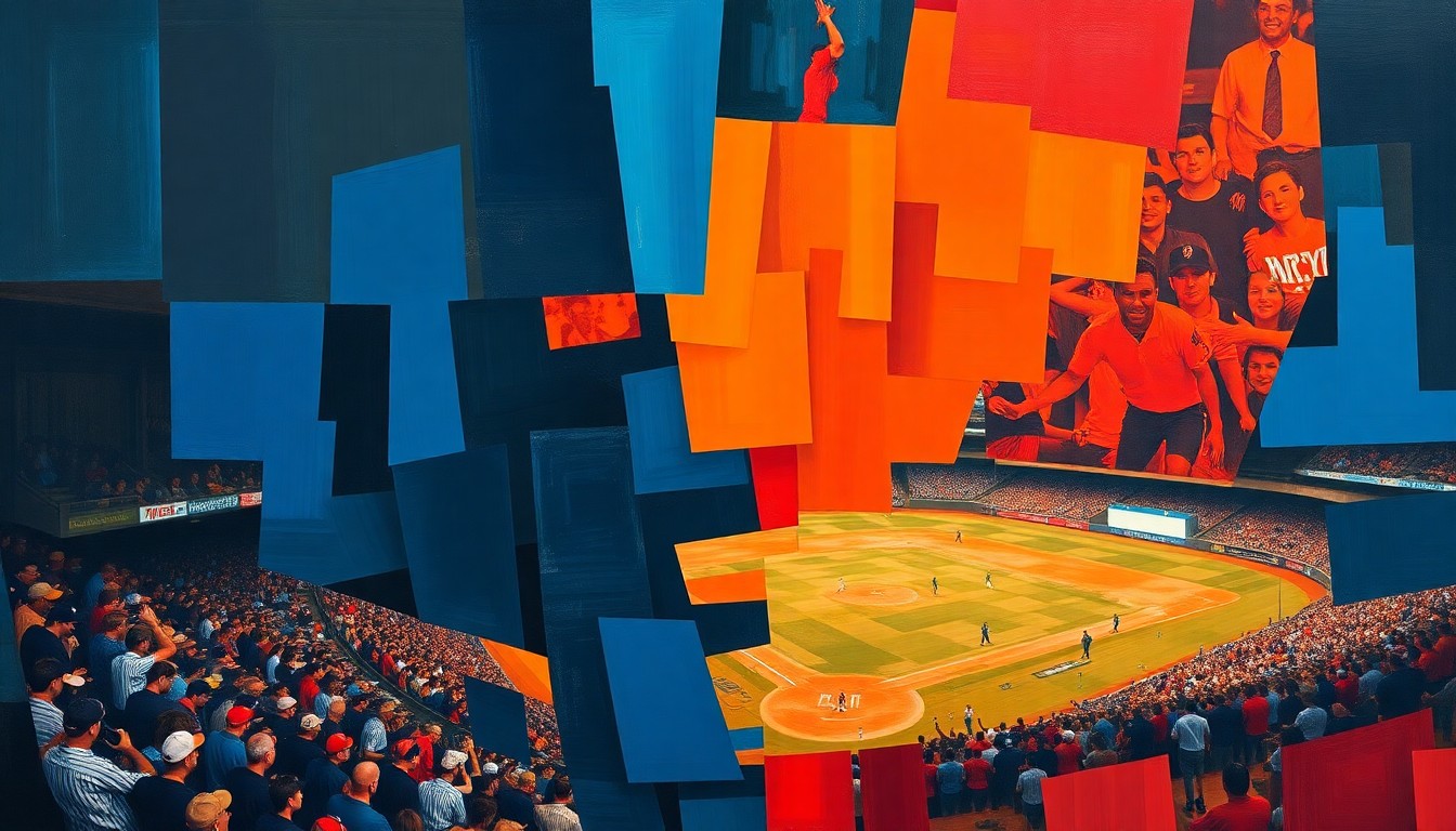 A cubist, geometric painting depicting the intense action of a college baseball game, with sharp planes of navy, orange, and red overlapping to create a fractured, multi-perspective visual representation of the sport.