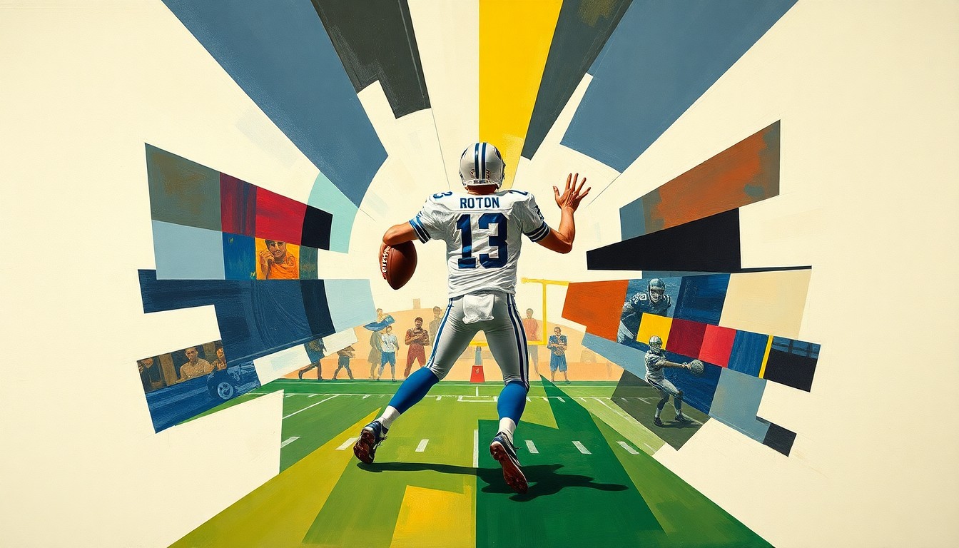 A cubist, geometric painting depicting a quarterback dropping back to pass, with the figure broken down into sharp, overlapping planes of color and form.