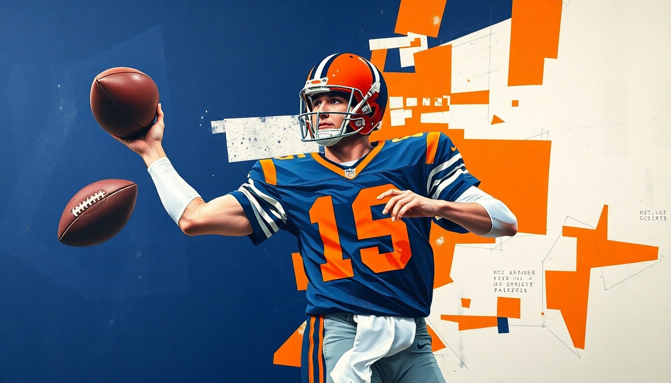 A cubist-style painting featuring sharp, overlapping geometric shapes in navy, orange, and white, conceptually representing the fragmented motion of a quarterback throwing a football.
