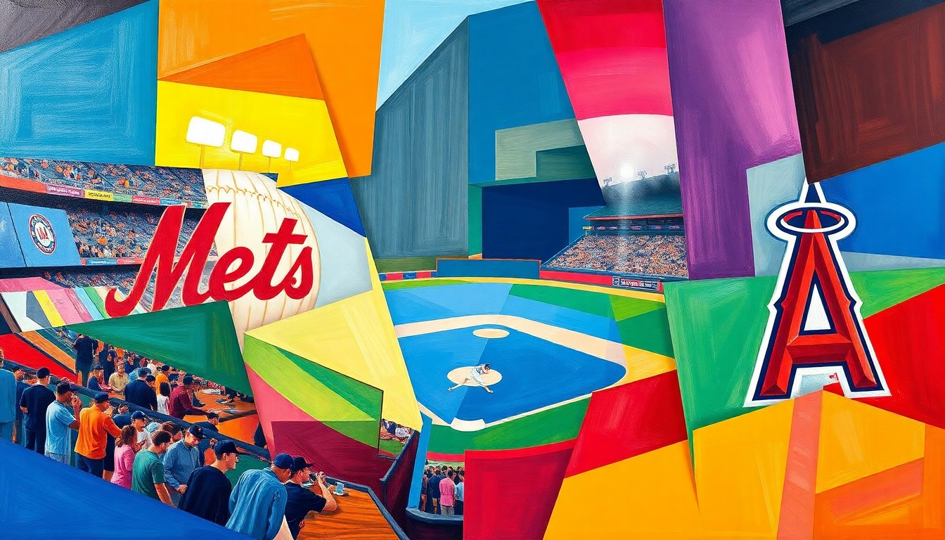A fragmented, cubist-style painting depicting a baseball game or match between the New York Mets and Los Angeles Angels, with the players and field broken down into sharp, overlapping geometric shapes and planes in the teams' official colors, conveying the high-stakes and dramatic nature of a potential blockbuster trade.