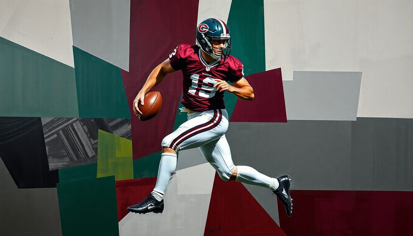 A fractured, cubist-style painting depicting a football player in mid-stride, with their body broken down into sharp, overlapping geometric shapes in a palette of deep burgundy, forest green, and steel grey, conceptually representing the complex maneuvering involved in a potential trade for the talented wide receiver.