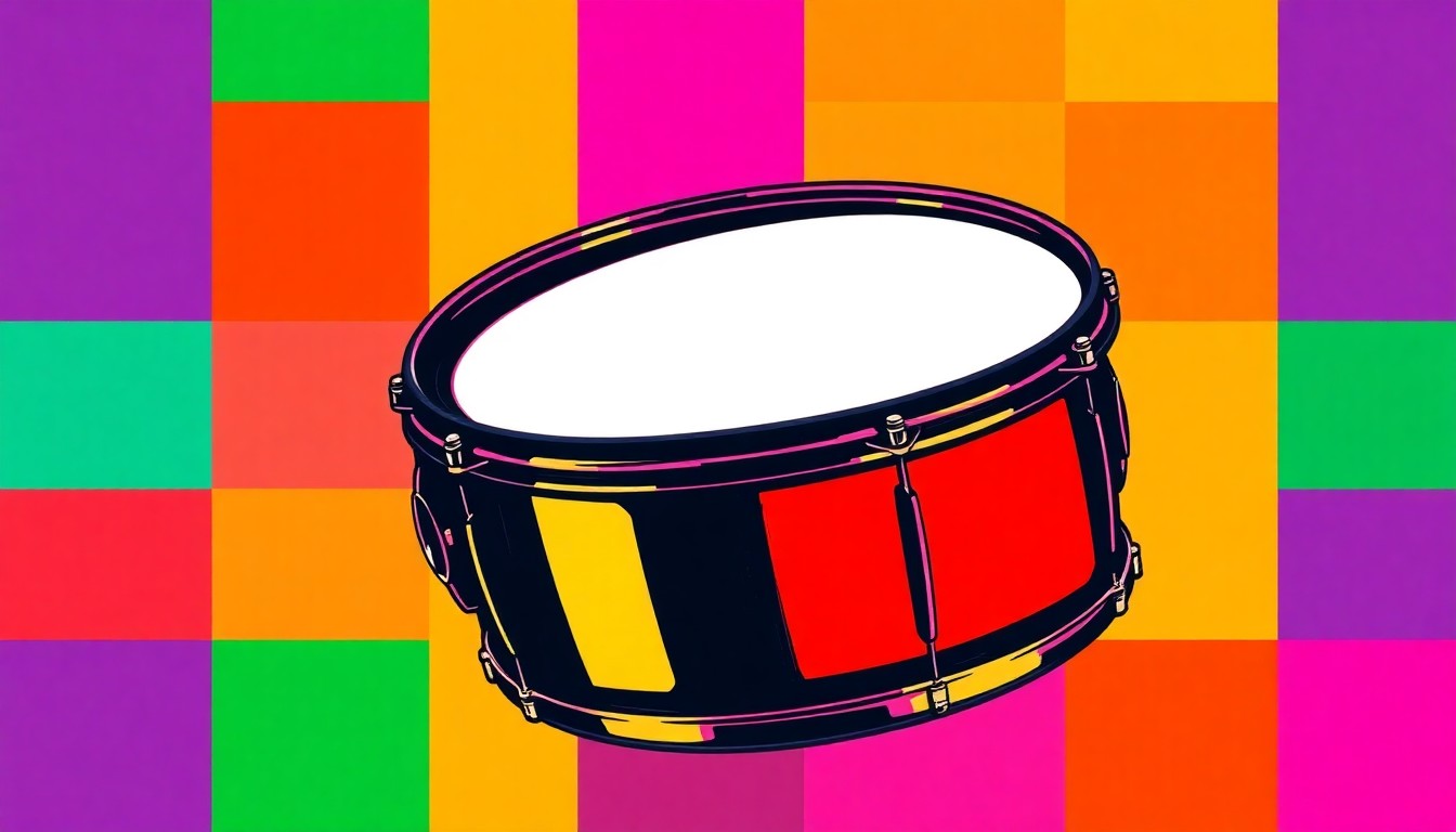 A highly stylized, pop art-inspired image of a marching band drum repeated in a grid pattern, using bold, neon colors and heavy black outlines to create a vibrant, conceptual representation of a musical celebration.