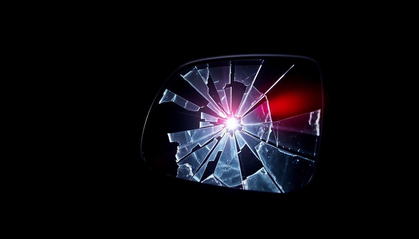 An extreme close-up of a shattered car side mirror reflecting a faint red light, conceptually representing the aftermath of a hit-and-run incident involving an intoxicated driver.