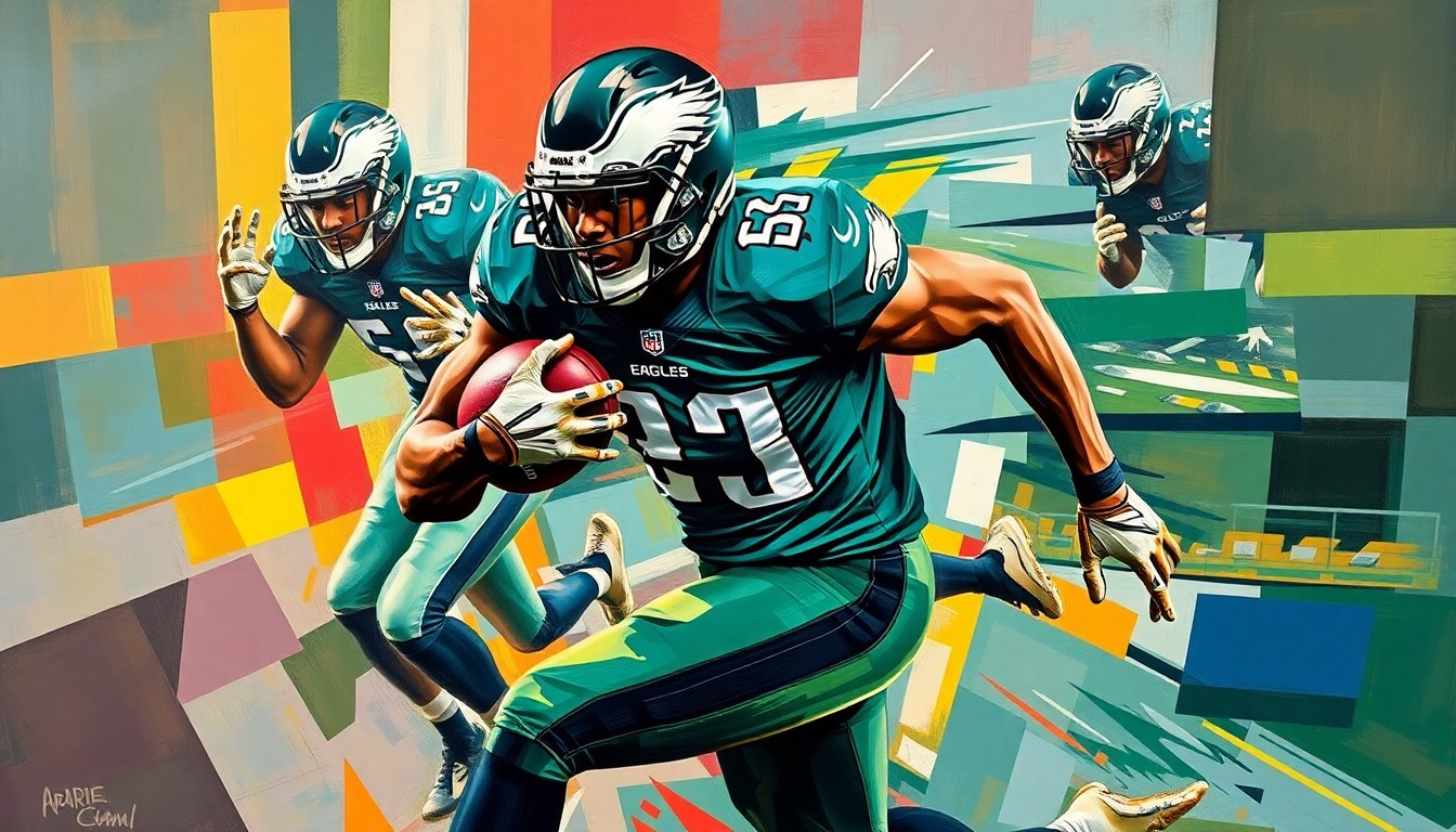 A cubist, geometric painting depicting an NFL edge rusher in action, with sharp planes of green and black representing the player's movement and energy on the field.