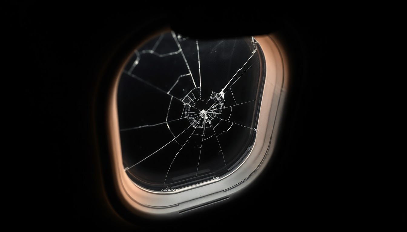 An extreme close-up photograph of a cracked airplane window, the harsh flash illuminating the intricate details of the damaged surface in stark contrast to the surrounding darkness, conveying a sense of tension and investigation.