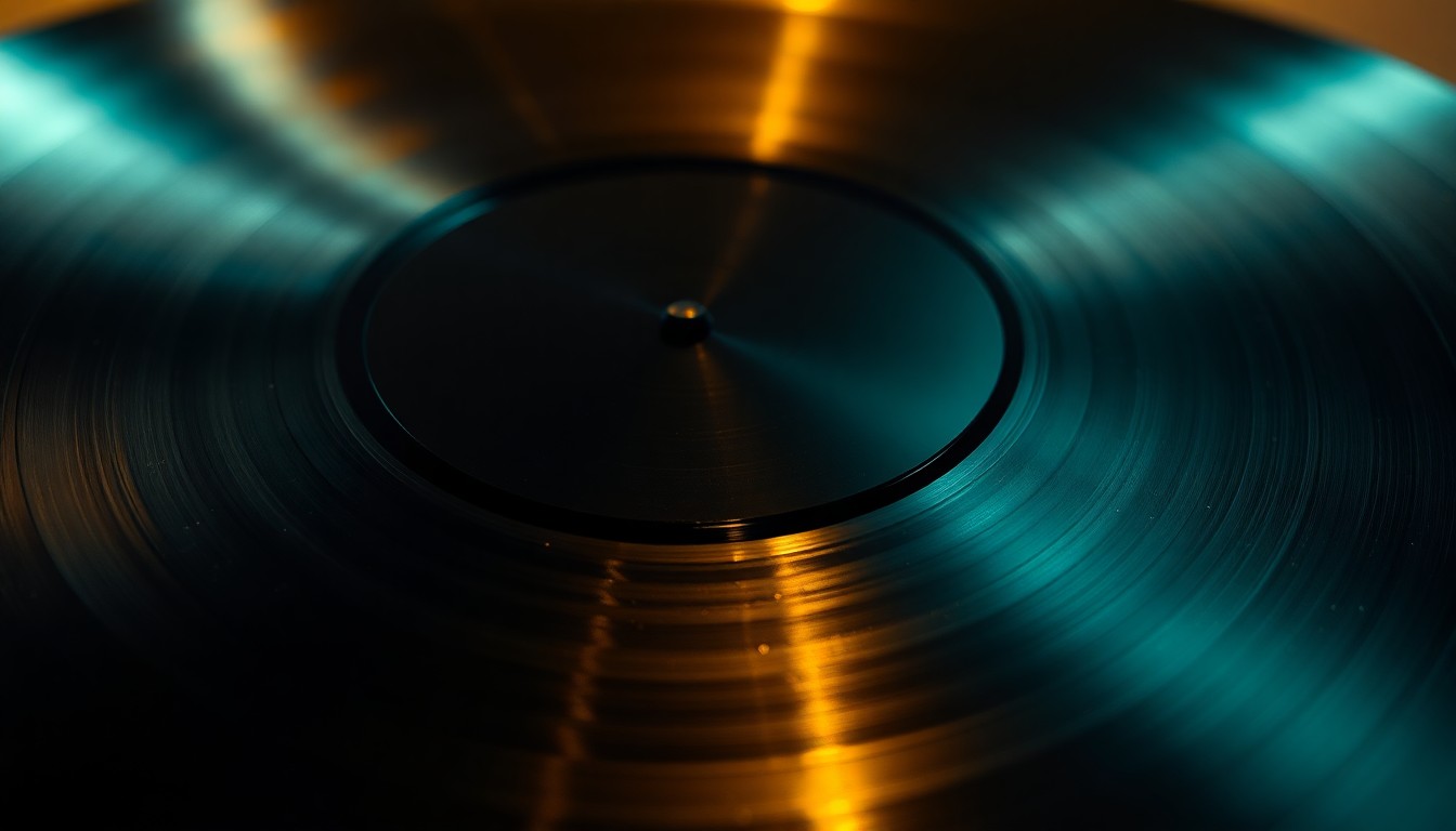An abstract close-up photograph of a shiny, glittering vinyl record surface, capturing the luxurious textures and dramatic lighting associated with high-end celebrity and music industry imagery.