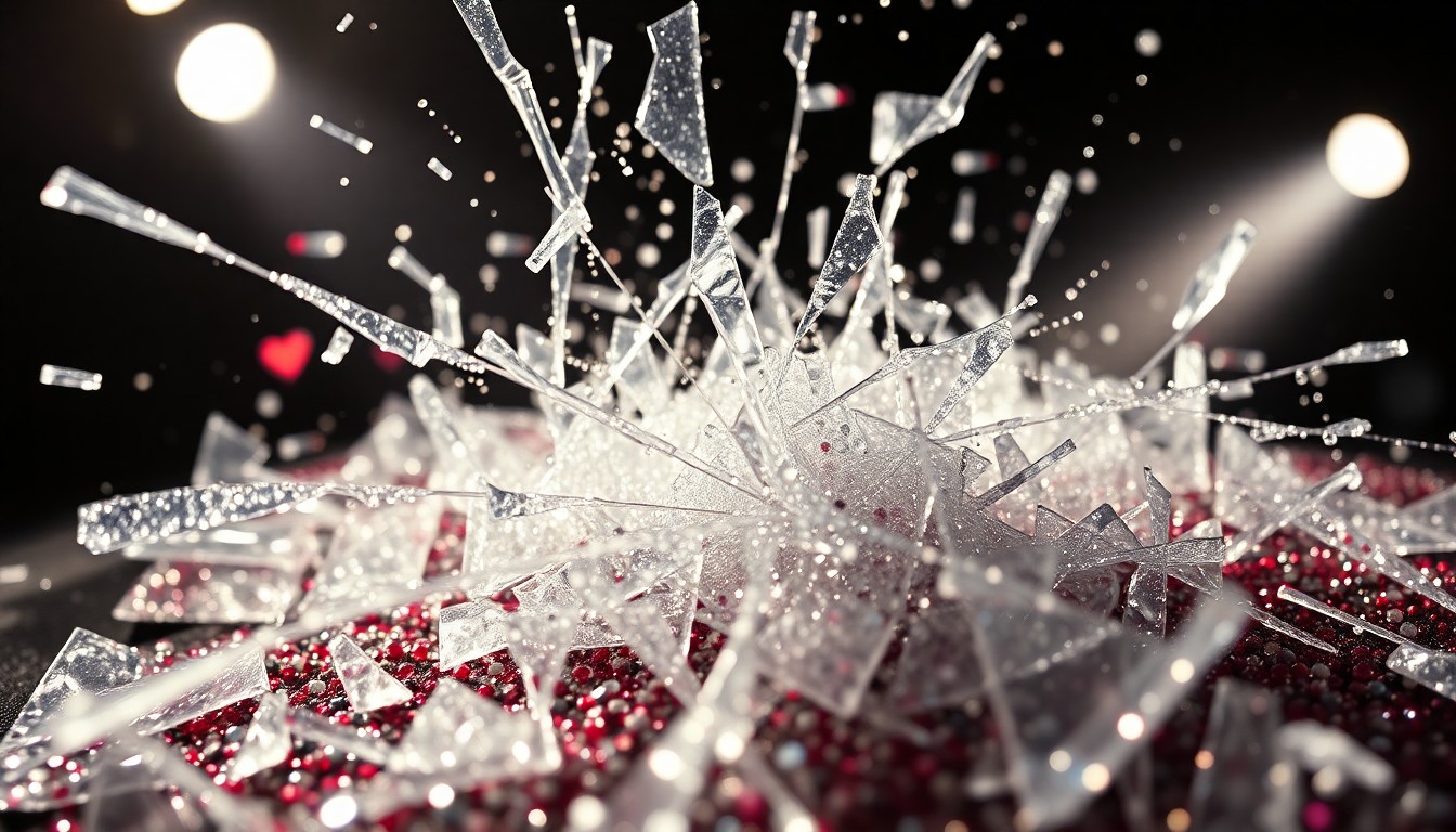 An extreme close-up of shattered glass and glittering sequins, captured in dramatic, high-contrast studio lighting to conceptually represent the glamour and drama of Alice Cooper's legendary shock-rock persona.