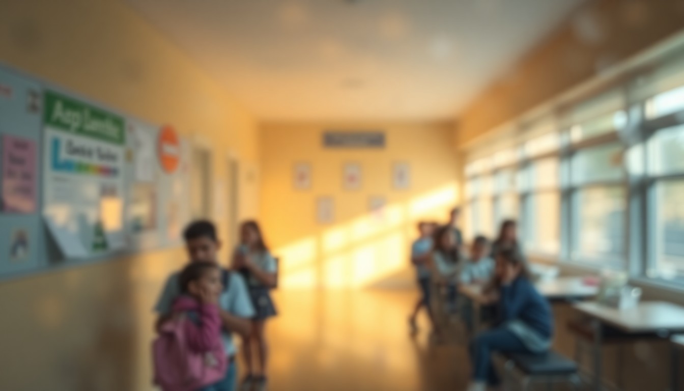 An abstract, impressionistic scene of blurred shapes and colors representing the activity of a school, conveying a sense of community and education.