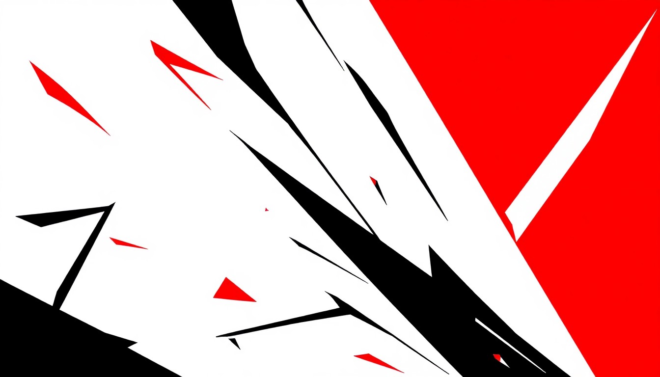 A striking abstract composition of angular black and white shapes with a bold red accent, conceptually representing the wedding theme and personal speculation surrounding Zendaya's fashion choices.