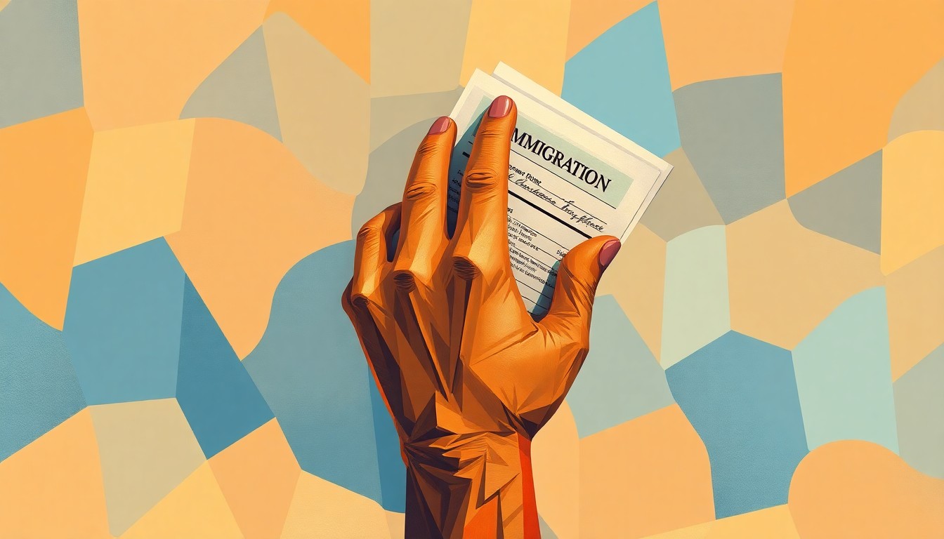 A conceptual illustration featuring a fragmented, abstract painting of a hand holding immigration documents, rendered in a style of overlapping, geometric shapes and waves of warm and cool colors, conveying a sense of motion and fragmentation around the issue of immigration policy.