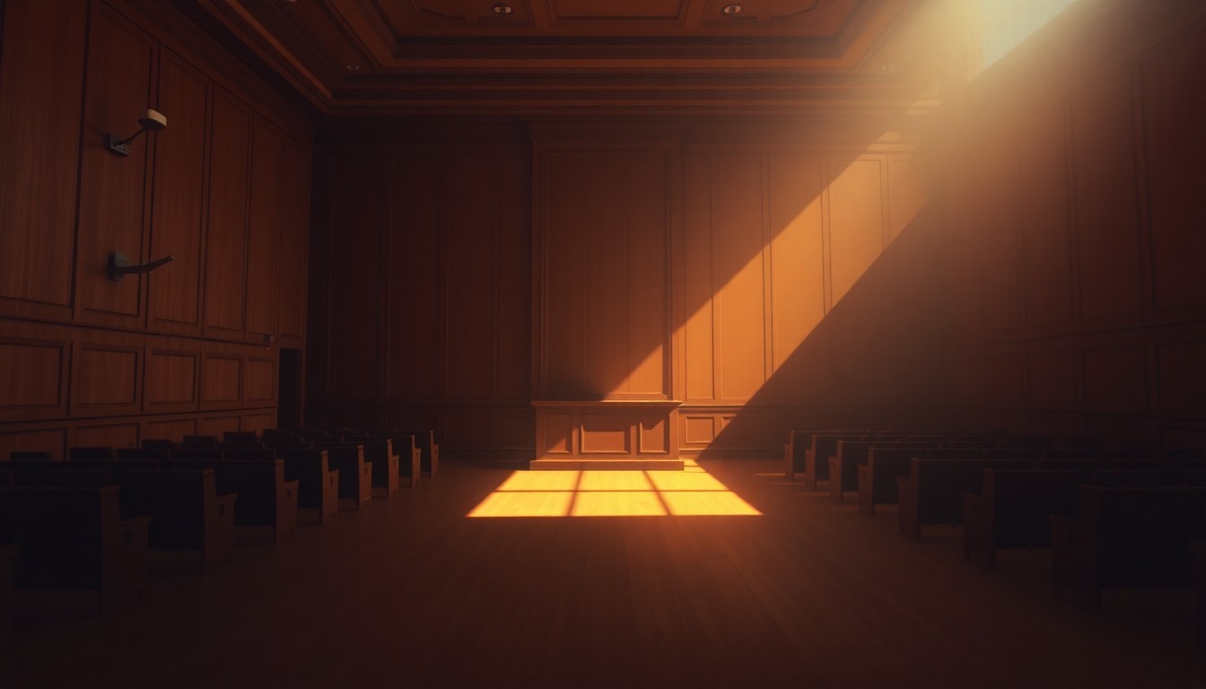 A dimly lit, cinematic interior of a courtroom with empty benches and a lone chair at the center, casting long shadows across the floor and walls, conveying a sense of solemn contemplation.