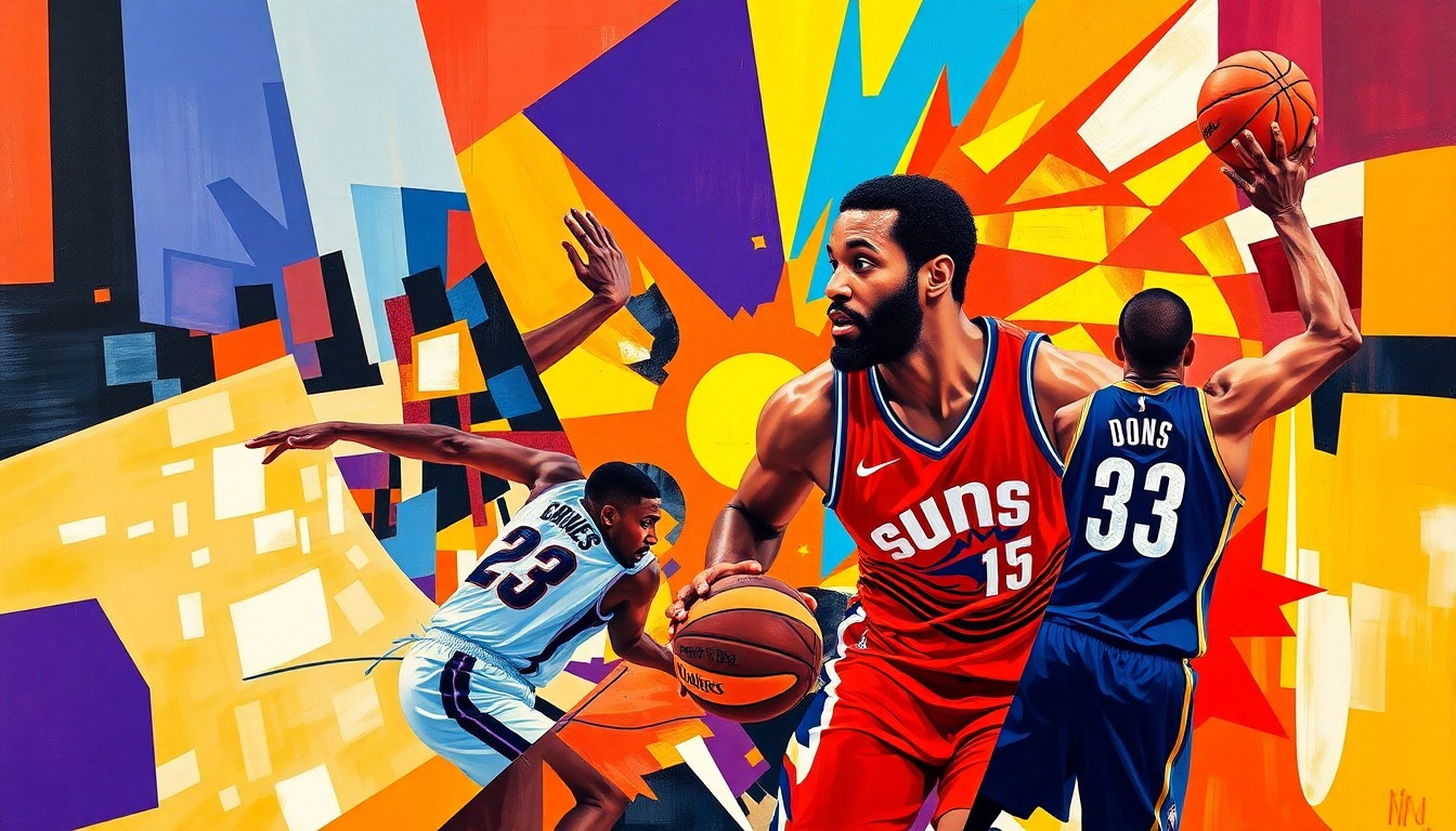 A fractured, multi-perspective painting in vibrant colors, breaking down a basketball game into sharp, overlapping geometric planes, with players' forms deconstructed into abstract shapes.