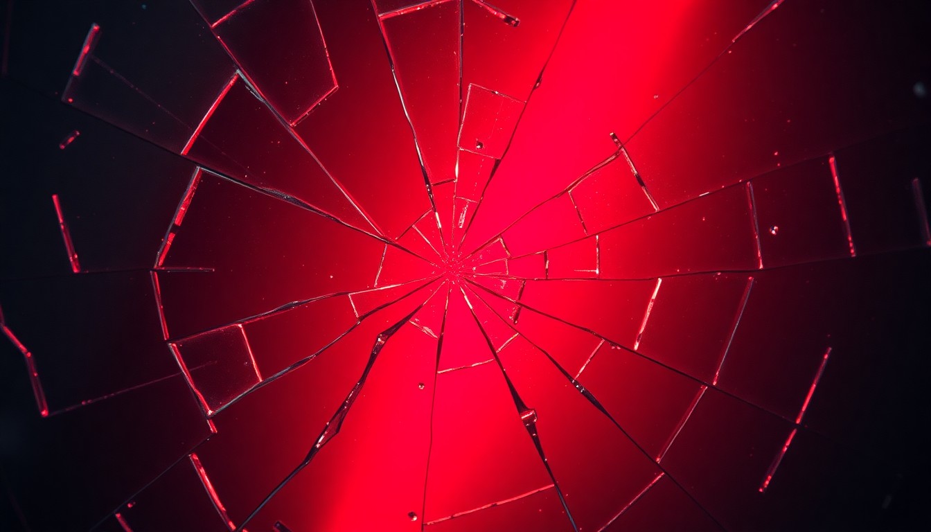 An extreme close-up of shattered glass reflecting a faint red light, creating an abstract, high-contrast image that captures the tension and danger surrounding the characters' lives.