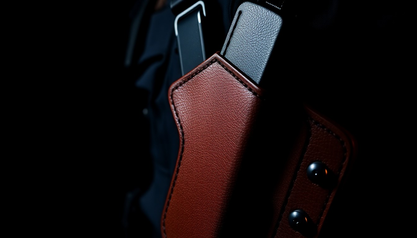An extreme close-up photograph of a police officer's holster, the leather texture and metal hardware sharply illuminated by a harsh flash against a pitch-black background, conceptually representing the gritty, investigative nature of the police shooting incident.