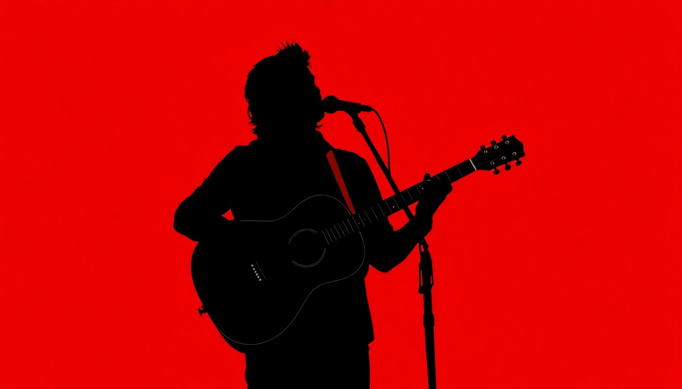 A dramatic black silhouette of a folk singer holding an acoustic guitar, set against a vibrant red background, conceptually representing the legacy of a beloved local artist.