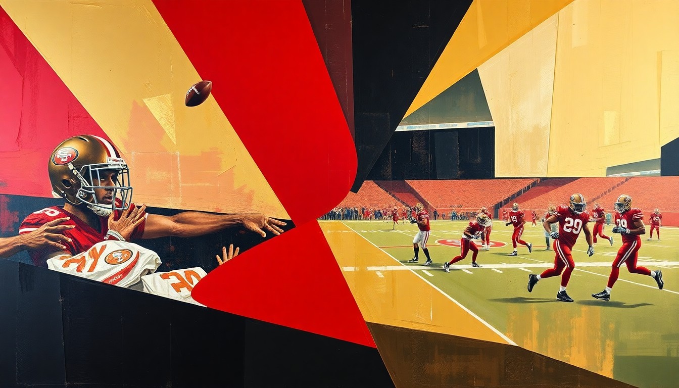 A fragmented, cubist-style illustration depicting a 49ers football game or practice, with the players and field broken down into sharp, overlapping geometric shapes in the team's official colors of scarlet red, metallic gold, and black, conveying the intricate challenges of roster construction.