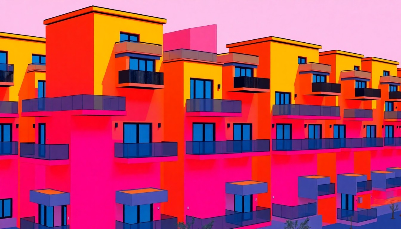 A stylized, silkscreen-inspired illustration featuring a single villa-style building repeated in a grid pattern, using bright, neon-like colors and heavy black outlines to create a modern, pop art aesthetic.