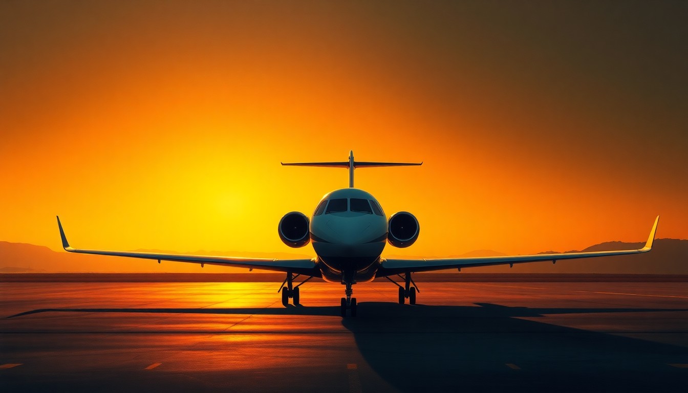 A serene, photorealistic painting of a private jet parked on an airport tarmac, with warm sunlight casting long shadows across the scene, conveying a sense of quiet contemplation around the issue of aircraft noise impacts on the local community.