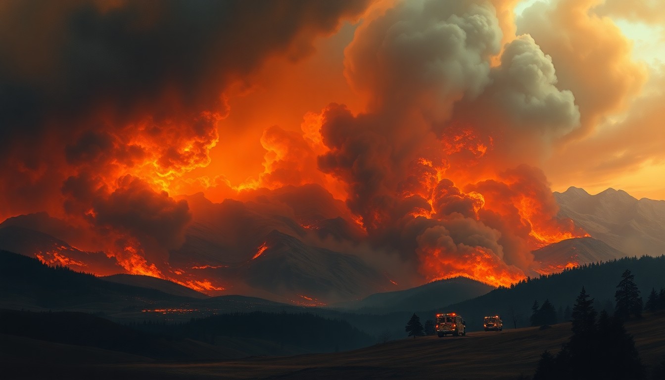 A vast, atmospheric landscape painting in muted tones of orange, red, and grey, with billowing clouds of smoke obscuring the details of a small residential structure and emergency vehicles in the distance, conveying the raw, sublime energy of a raging fire.