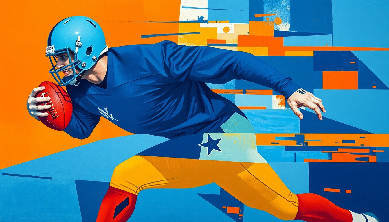 A fragmented, cubist-style painting depicting a football player in motion, with their body broken down into sharp, overlapping geometric shapes in shades of blue and orange, conveying the conceptual idea of a player's uncertain future.