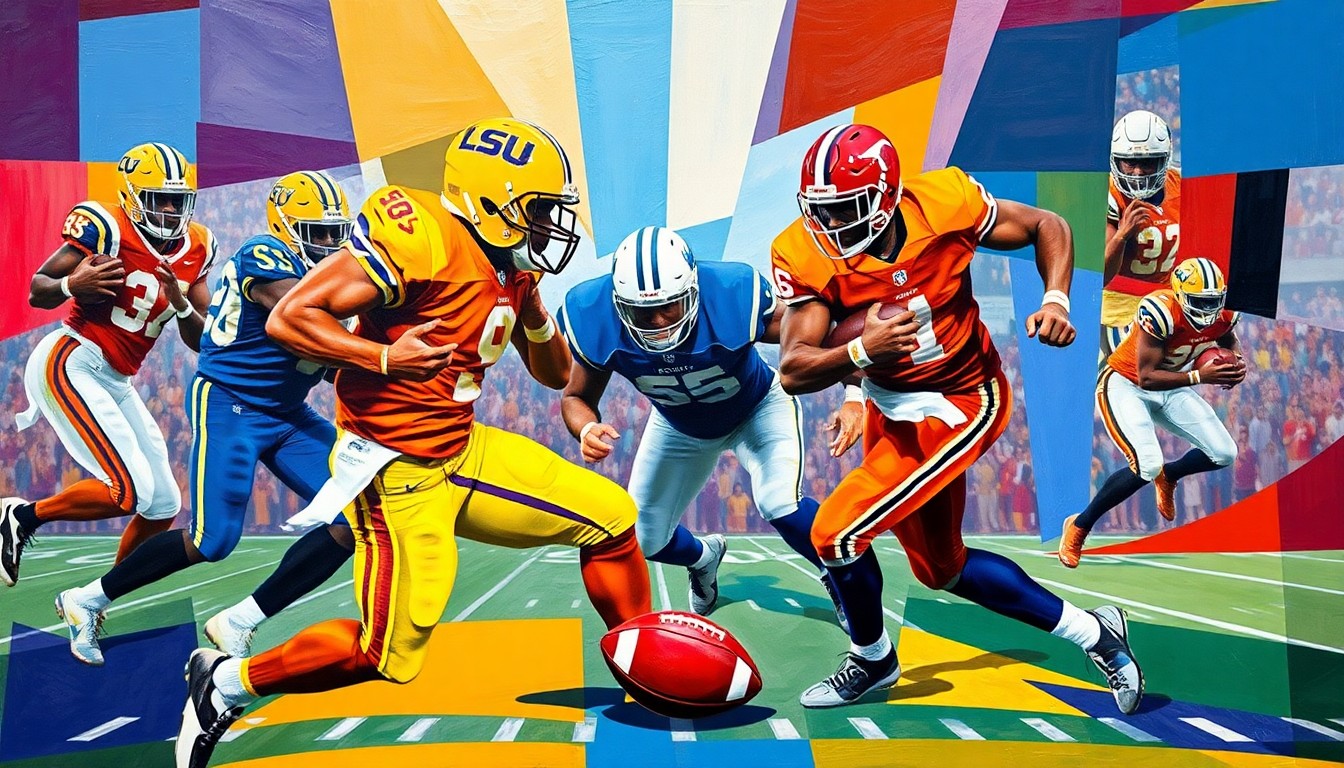 A fragmented, geometric painting in bold colors depicting the dynamic action of a football game, with the players' forms broken down into sharp, overlapping shapes that create a sense of movement and energy.