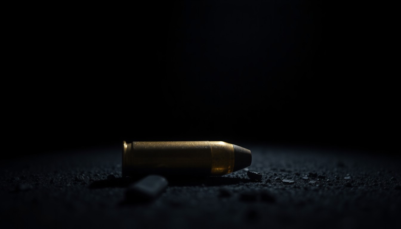 An extreme close-up photograph of a spent bullet casing on the ground, lit by a harsh, direct camera flash against a pitch-black background, conveying the stark, gritty, and investigative nature of the crime scene.