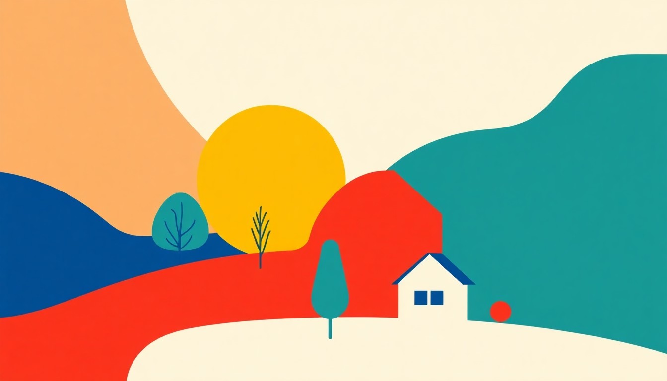 A vibrant abstract illustration composed of overlapping triangles and rectangles in shades of blue, green, and orange, conceptually representing the collaboration between rural development initiatives and local economic growth.