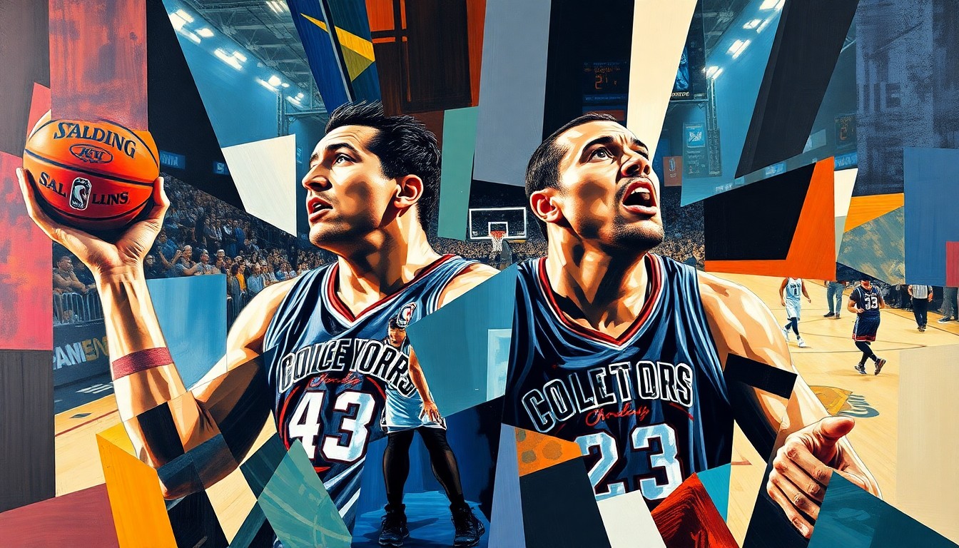A cubist, geometric painting depicting the dynamic movement and energy of a college basketball game, with the Boozer twins as the central focus, their figures fractured and overlapping in a vibrant, abstract composition.
