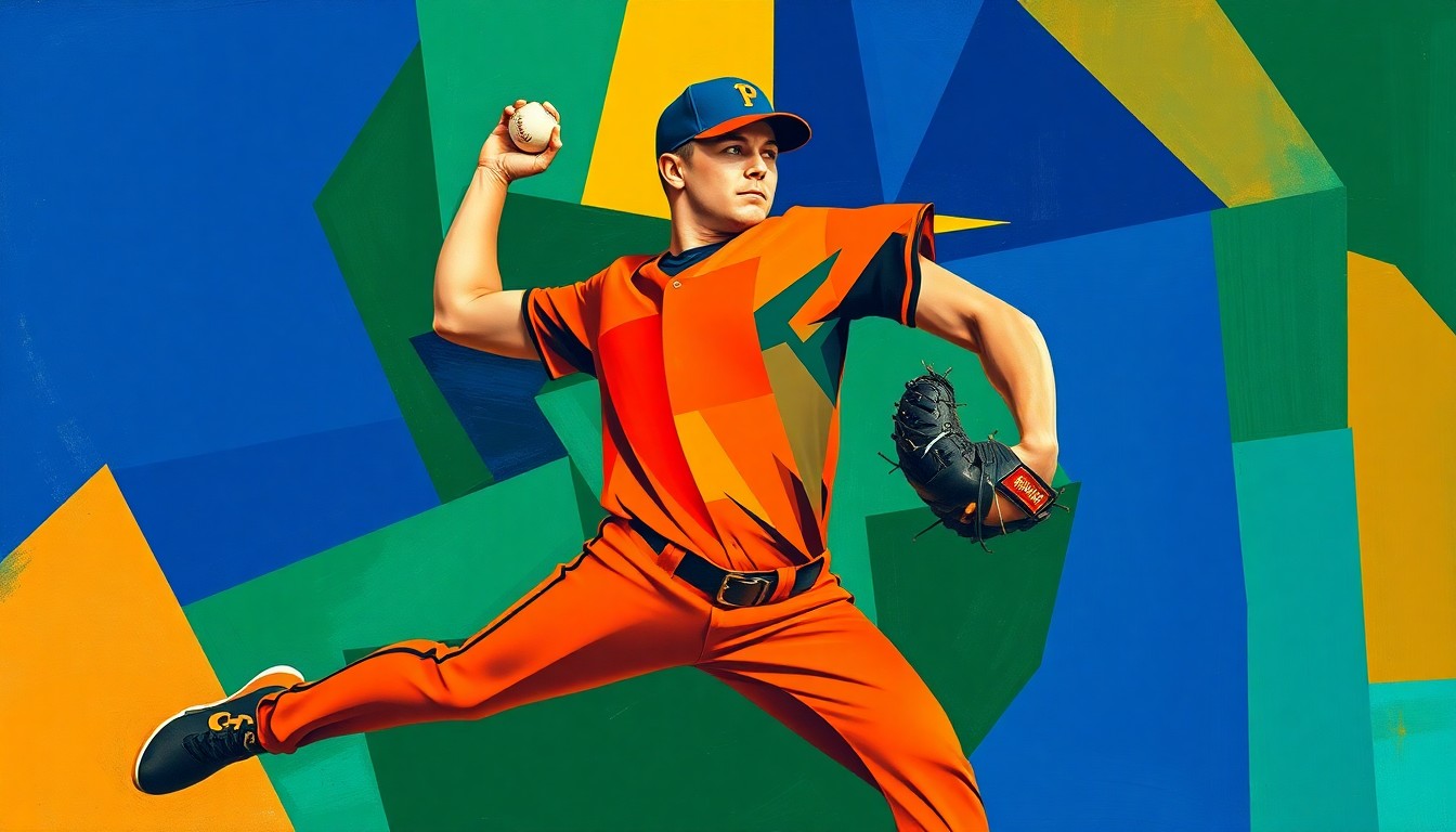 A fragmented, geometric painting depicting the various angles and movements of a pitcher's delivery, rendered in bold, contrasting colors that capture the raw energy and promise of a young talent.