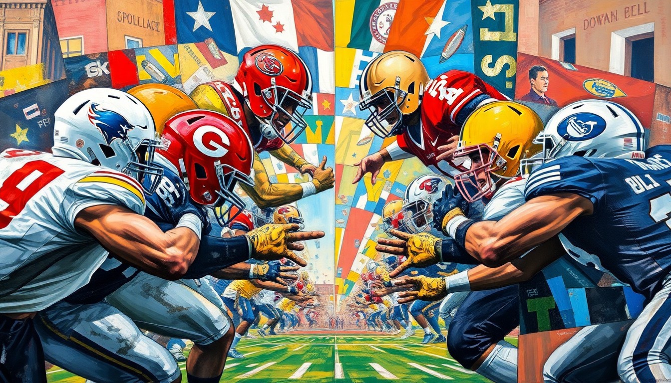 A cubist, geometric painting depicting the fragmented and overlapping perspectives of college football coaches and recruiters vying for a highly sought-after offensive line prospect.