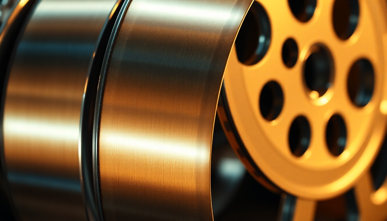 An extreme close-up photograph of highly reflective, metallic film reel stock in shimmering silver and gold tones, capturing the cinematic glamour and high production values of a major blockbuster movie.