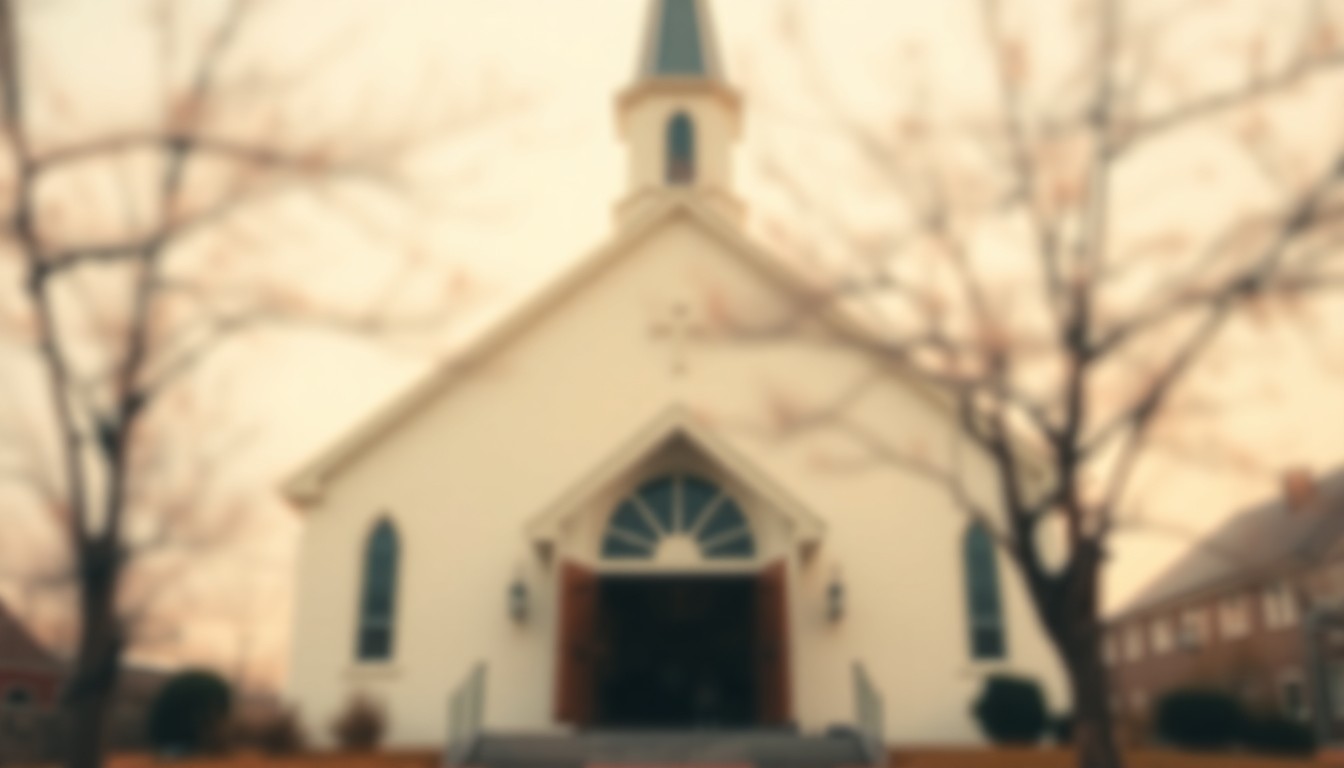 An abstract, impressionistic photograph in soft, warm tones depicting the blurred outline of a church building, conveying a sense of quiet contemplation and reverence.