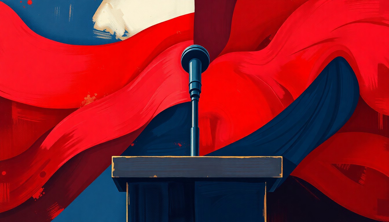 A dynamic, abstract painting featuring overlapping, geometric shapes in shades of red, blue, and gold, conveying the sense of division and conflict within the conservative movement.