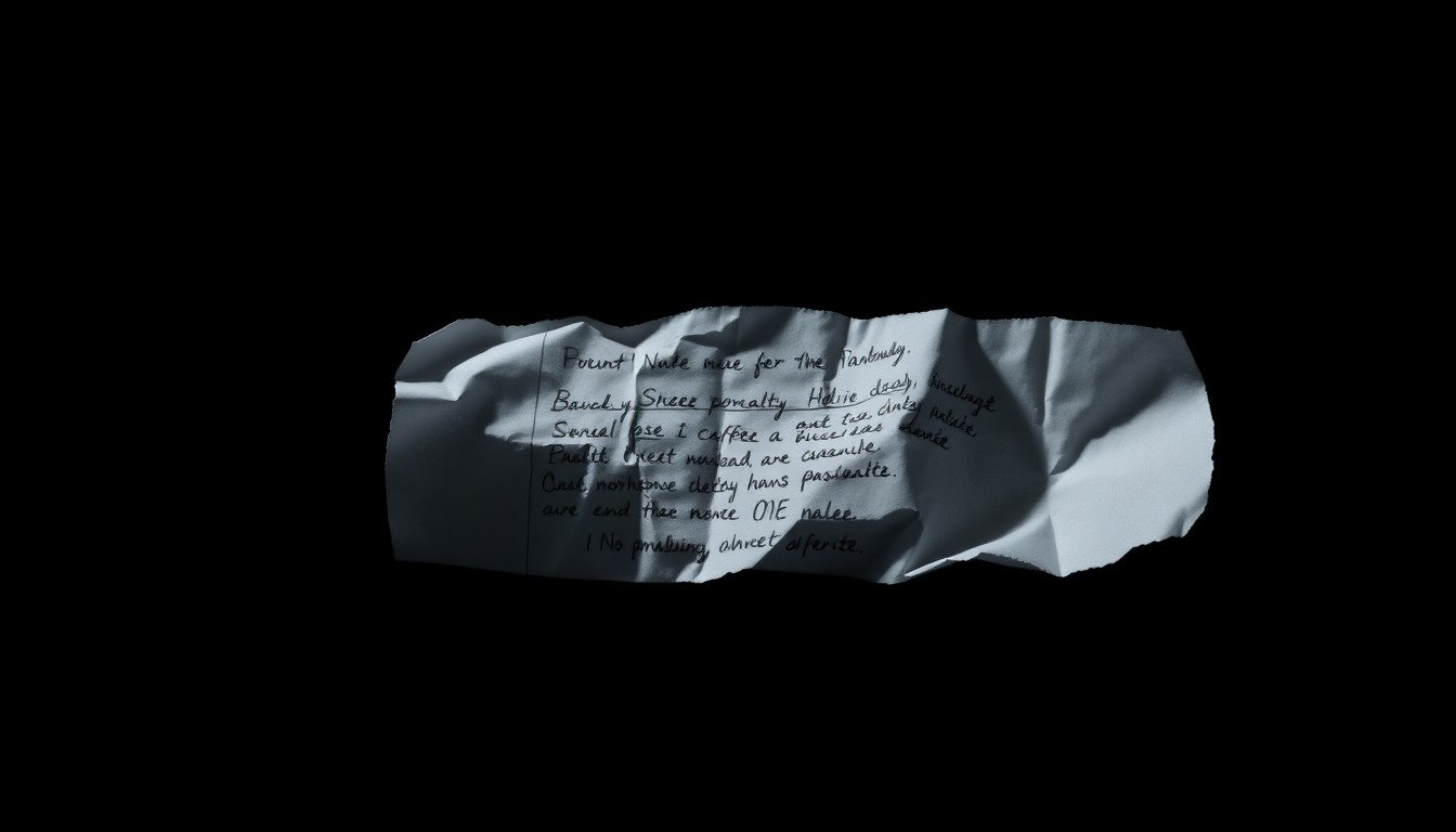 An extreme close-up photograph of a crumpled piece of paper with handwritten notes, lit by a harsh, direct camera flash against a pitch-black background, conveying a sense of the serious, investigative nature of this sexual abuse case.