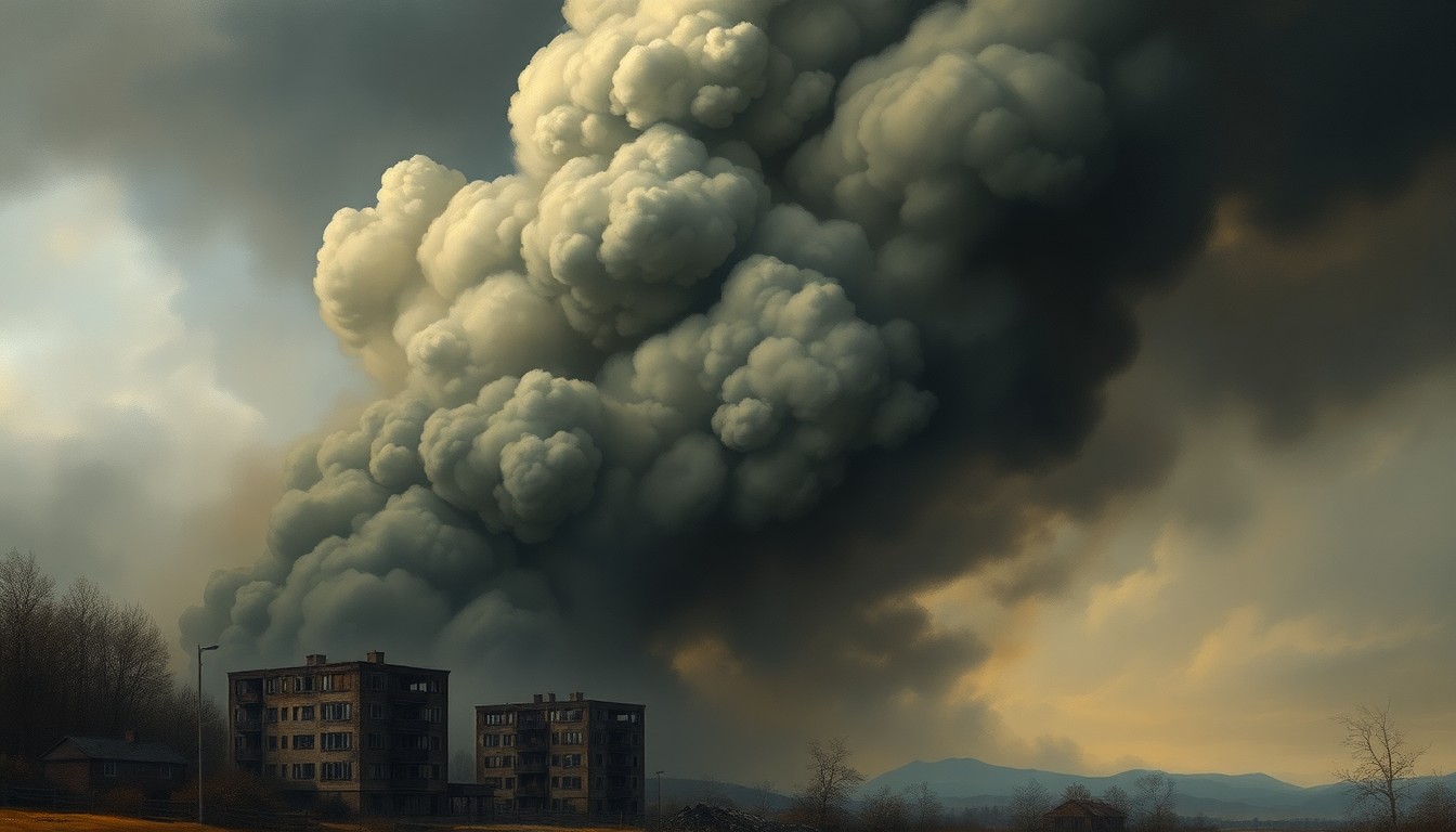 A sweeping, atmospheric landscape painting depicting a towering plume of smoke billowing into a somber, overcast sky, dwarfing the charred remains of a small apartment building in the foreground, conveying a sense of melancholy and the overwhelming power of nature.