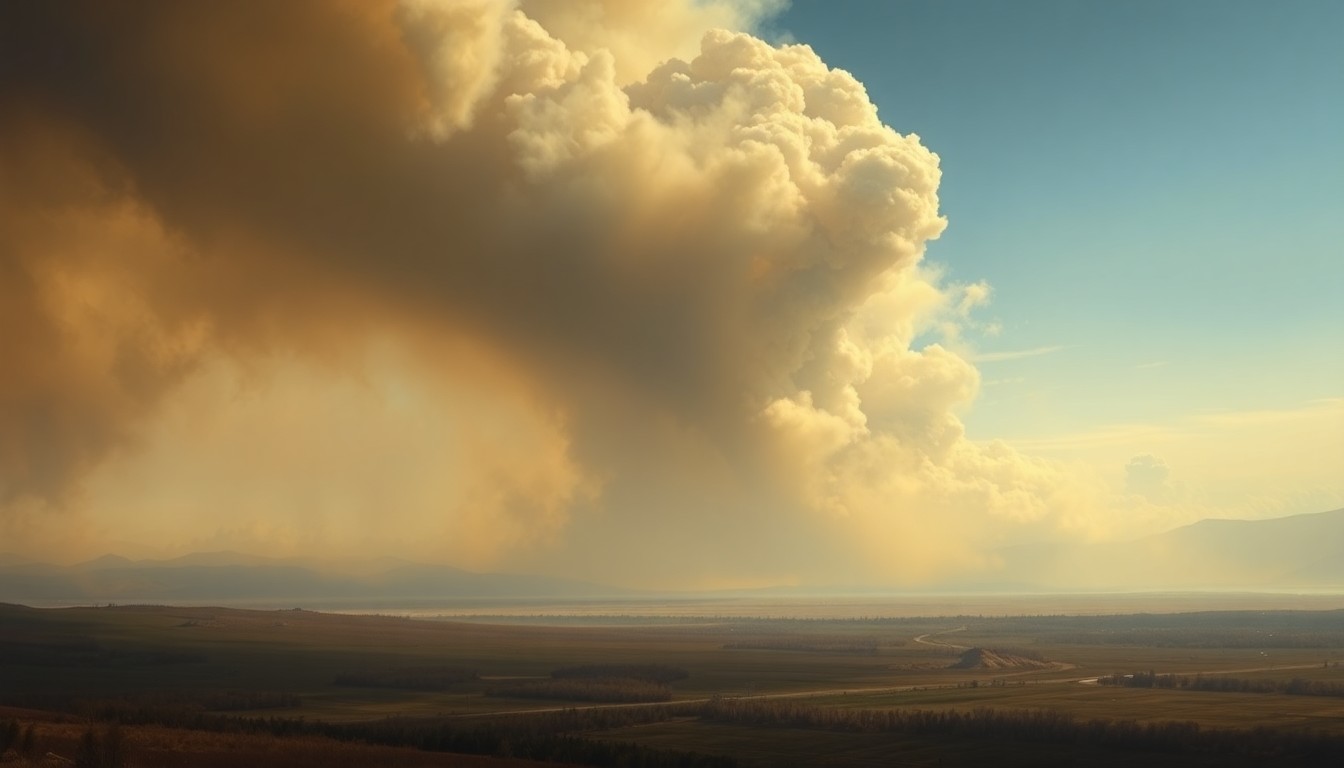 A sweeping, atmospheric landscape painting depicting a towering cloud of smoke billowing up from the horizon, partially obscuring the distant mountains and sky. The only visible signs of human presence are the faint outline of a highway and the flashing lights of emergency vehicles responding to the brush fires.