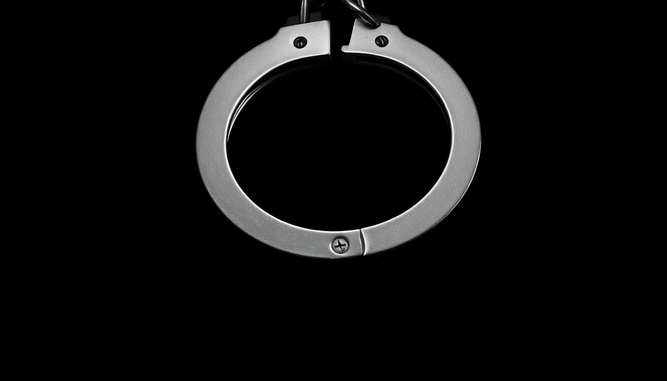 An extreme close-up of a pair of metal handcuffs against a completely black background, the harsh flash illuminating the textured surface and cold, unyielding nature of the restraints.
