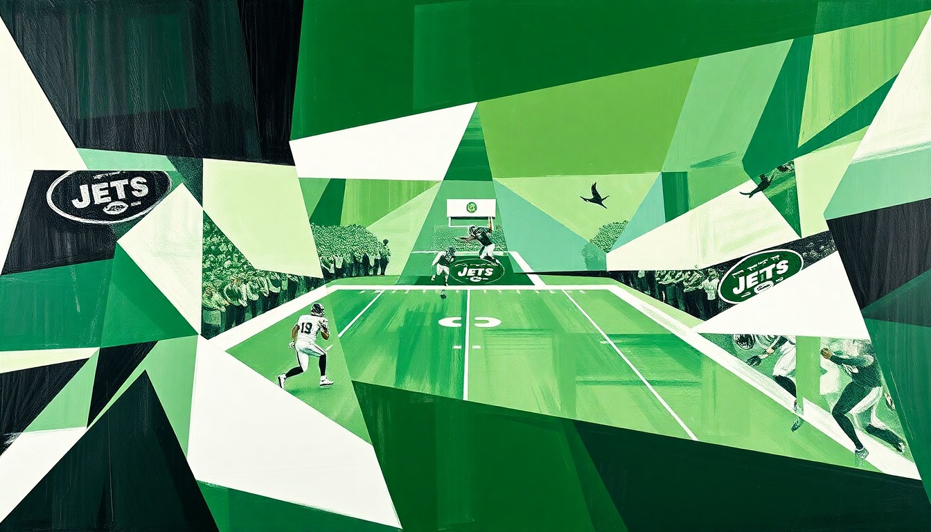 A cubist-style painting featuring sharp, overlapping geometric shapes in the colors of the New York Jets, conceptually representing the fractured nature of a football game and the team's search for stability at the quarterback position.