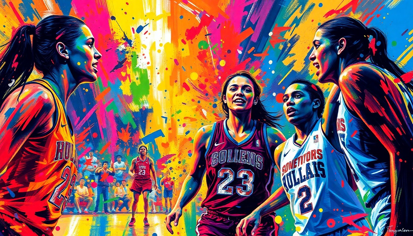 An extreme close-up of a basketball court, with players' figures reduced to a blur of vibrant neon brushstrokes in shades of pink, orange, and blue, conveying the raw passion and energy of a high-stakes college basketball game.