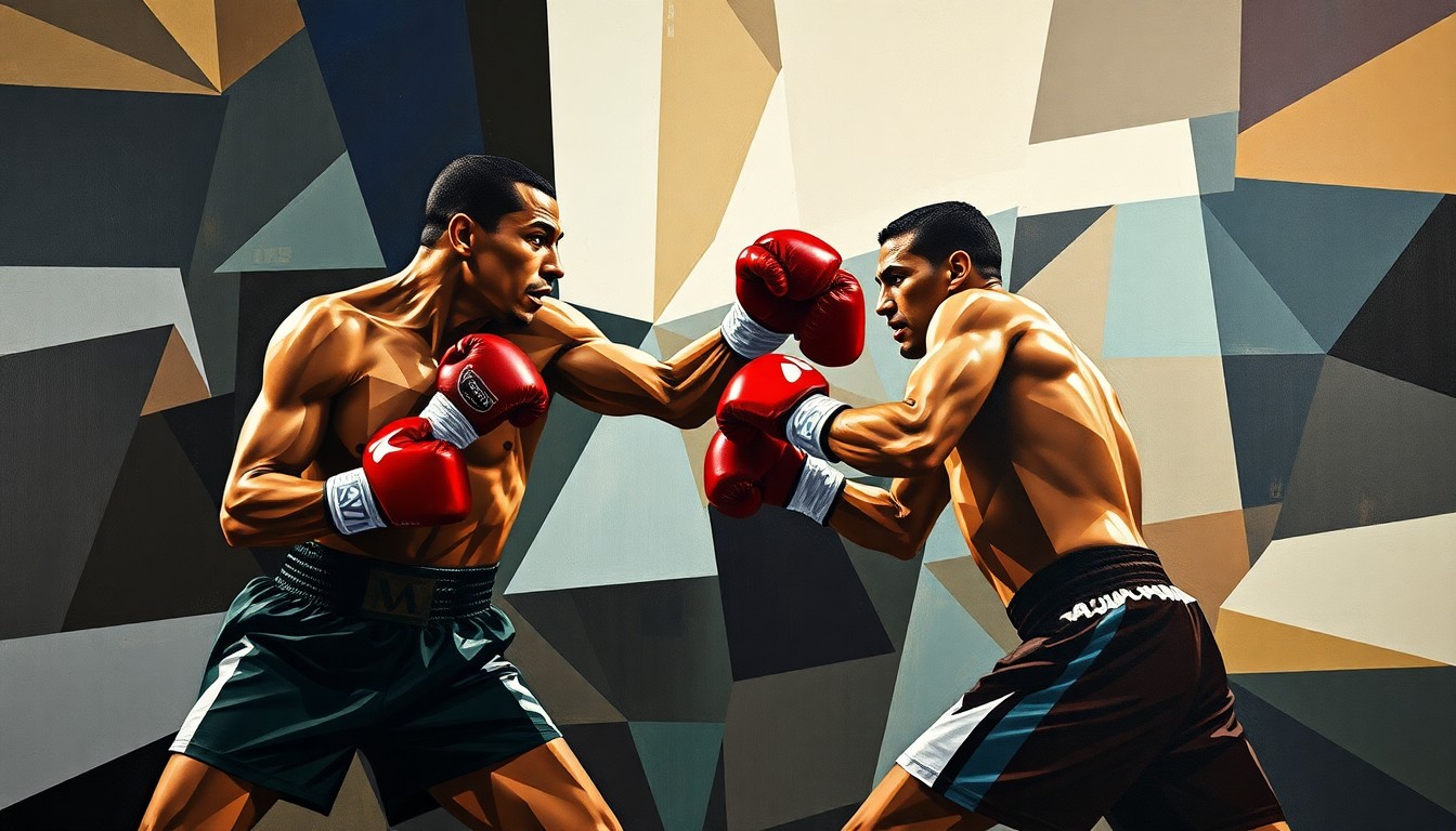 A fractured, geometric painting depicting the powerful movements and intense physicality of a boxing match, with the fighters' bodies broken down into sharp, overlapping planes of color and form.