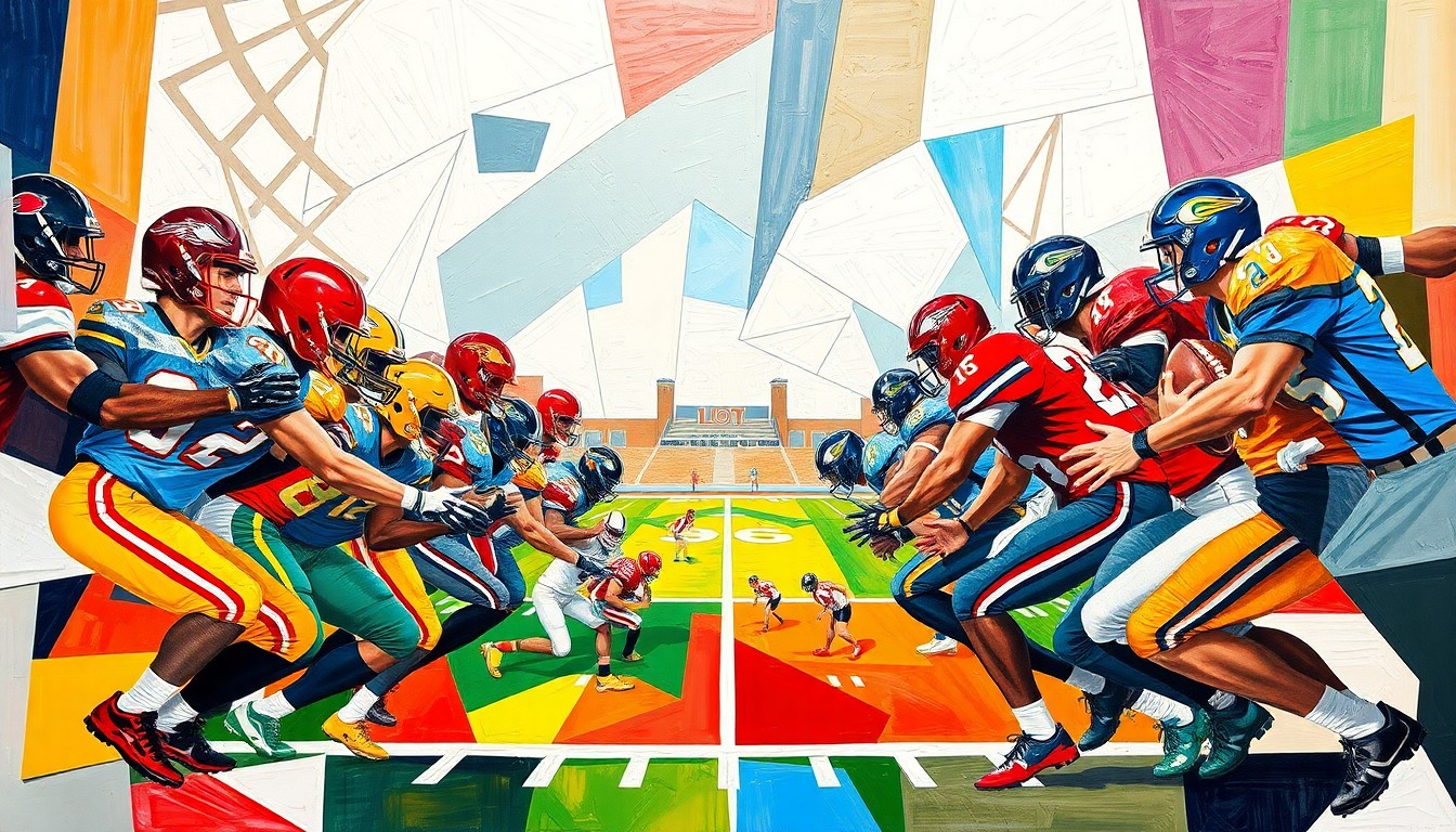 A cubist, geometric painting depicting the action of a high school football game, with players and the field broken down into sharp, overlapping shapes and planes of color.