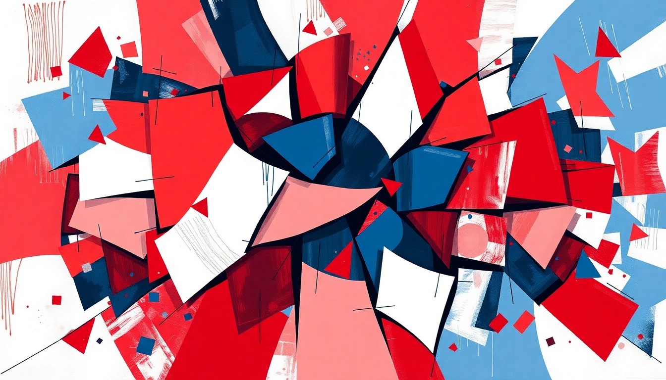 A dynamic, abstract painting in red, white, and blue hues, with overlapping geometric shapes and fragmented lines conveying the chaotic political negotiations over DHS funding and the competing demands that are hindering bipartisan compromise.