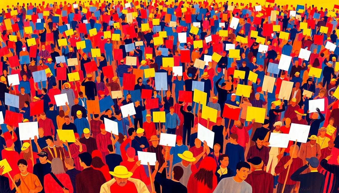 A dynamic, abstract painting featuring a crowd of protesters marching with signs, the figures repeated in overlapping, geometric waves of bright, bold colors.