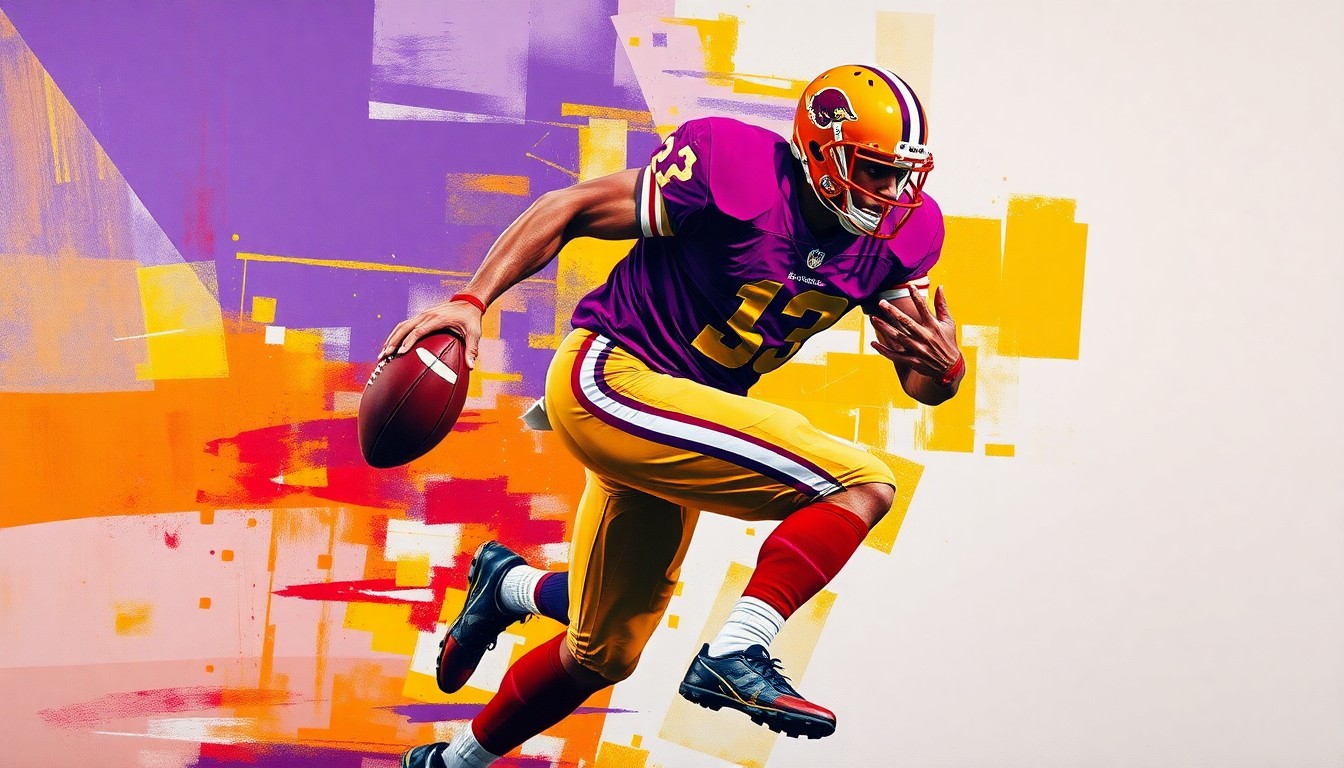 A fractured, multi-perspective painting breaking down a football player in motion into sharp, overlapping geometric planes of vibrant purple, gold, and cardinal red colors.