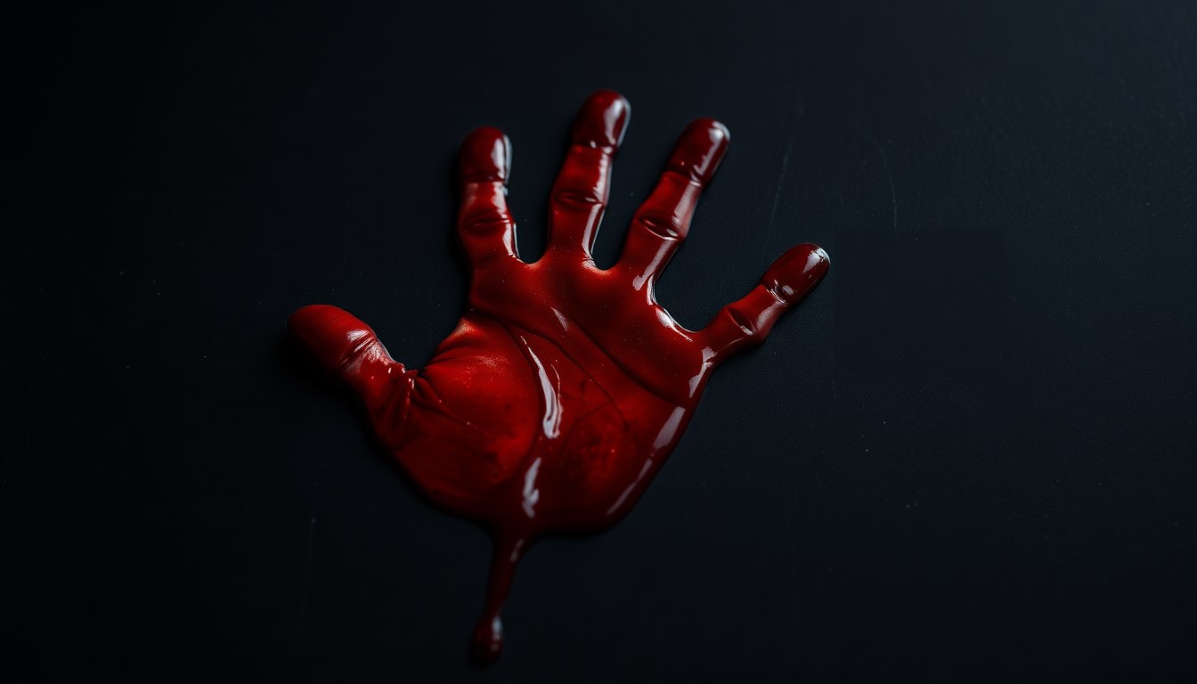 An extreme close-up photograph of a small handprint in dried blood against a dark, textured background, conveying the disturbing aftermath of violence against a child.