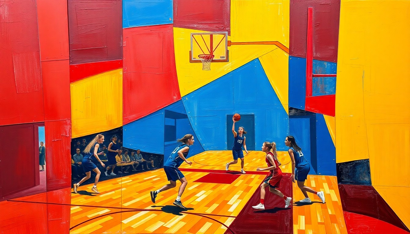 A cubist, geometric painting featuring overlapping planes of red, blue, and yellow, capturing the dynamic movement and energy of a girls basketball game.