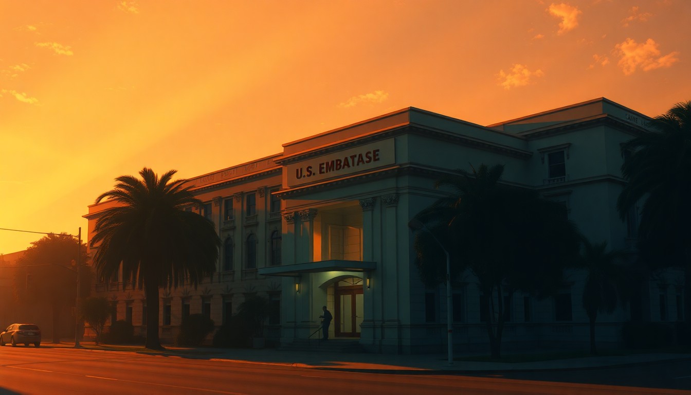 A serene, photorealistic painting of the U.S. Embassy in Caracas, Venezuela, with the building bathed in warm, golden sunlight and deep shadows, conveying a sense of cautious optimism and the delicate nature of the diplomatic situation.